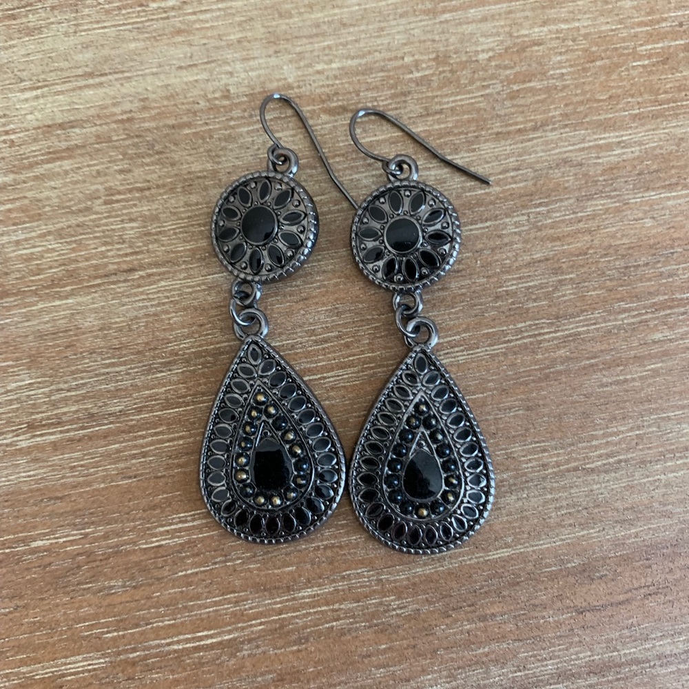 3/$15 silver and black enamel drop earrings